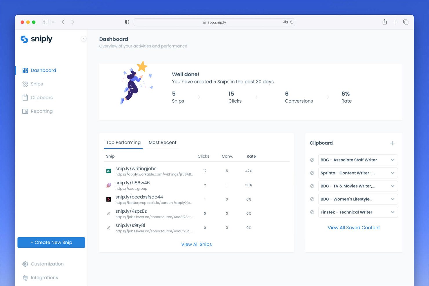 Sniply screenshot - 15 Beste URL-Shortener: Getestet &amp; Verglichen für 2026