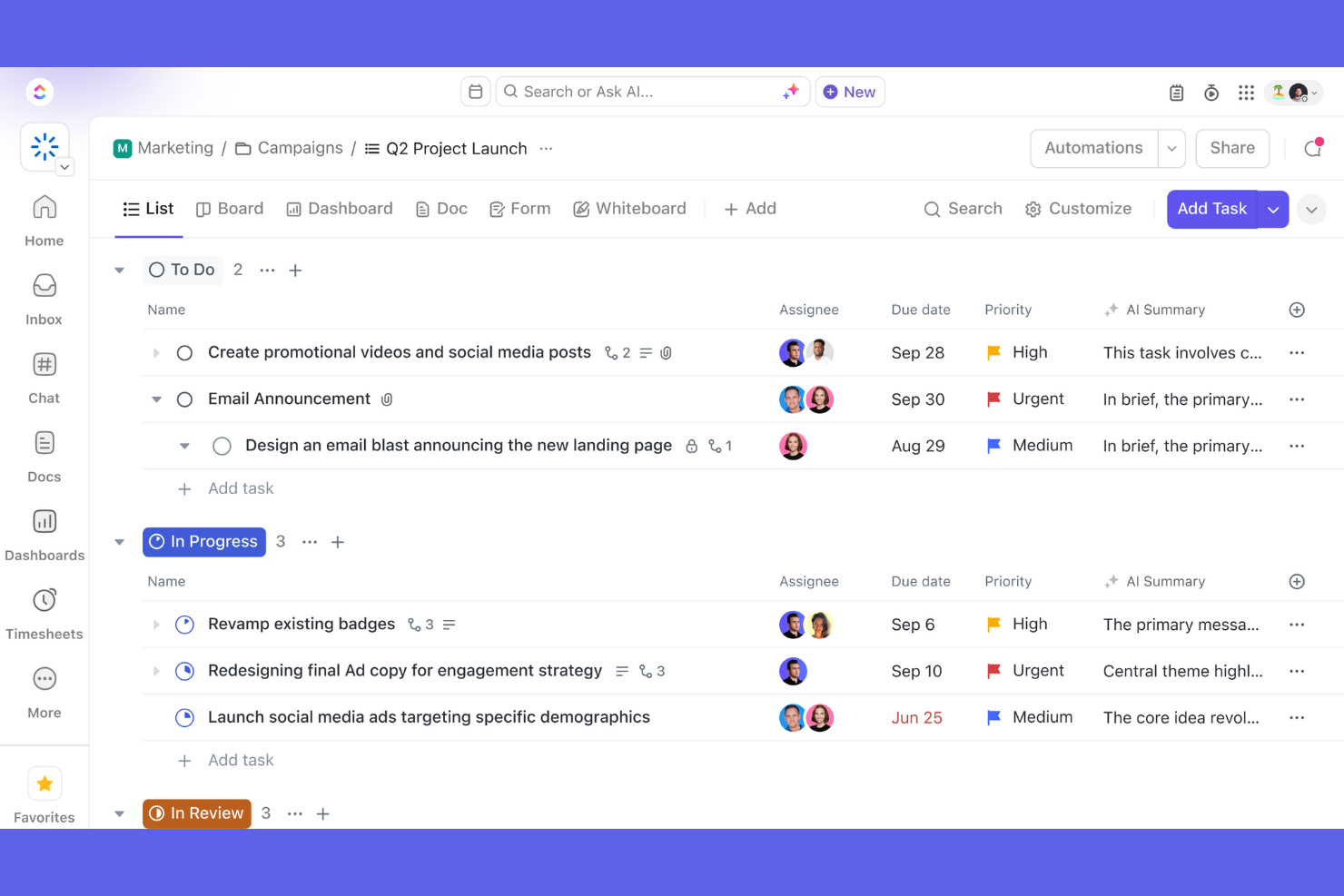 ClickUp screenshot - 10 migliori alternative a Wrike nel 2026