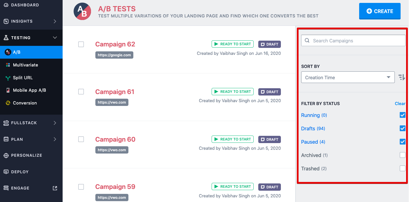VWO screenshot - 10 Migliori software per test A/B nel 2026