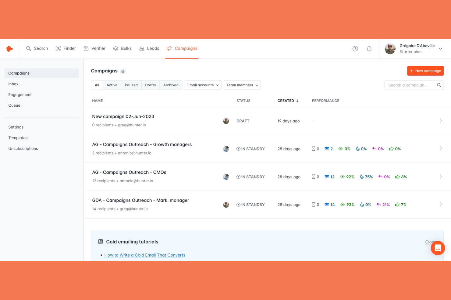 Hunter screenshot - 10 Migliori strumenti per la generazione di lead recensiti nel 2026
