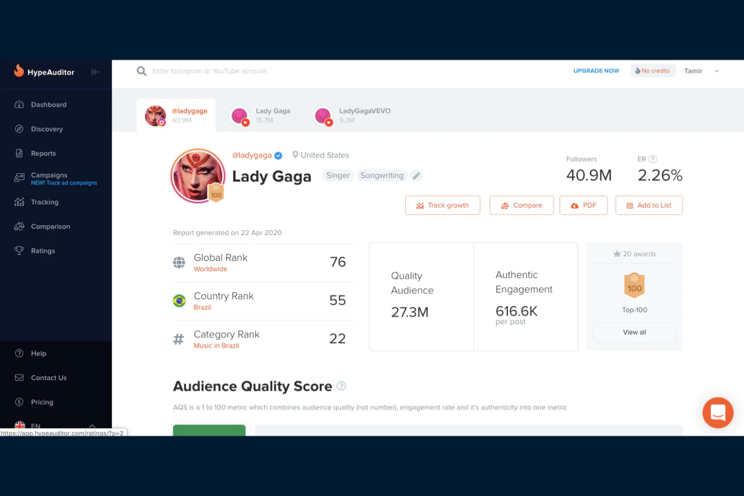 HypeAuditor screenshot - Le 10 migliori piattaforme di marketing degli influencer basate sull’IA nel 2026