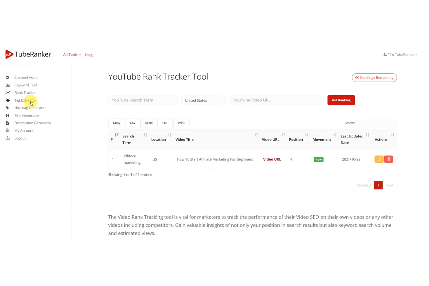 TubeRanker screenshot - 10 strumenti SEO per YouTube scelti per 2026 per far crescere il tuo canale