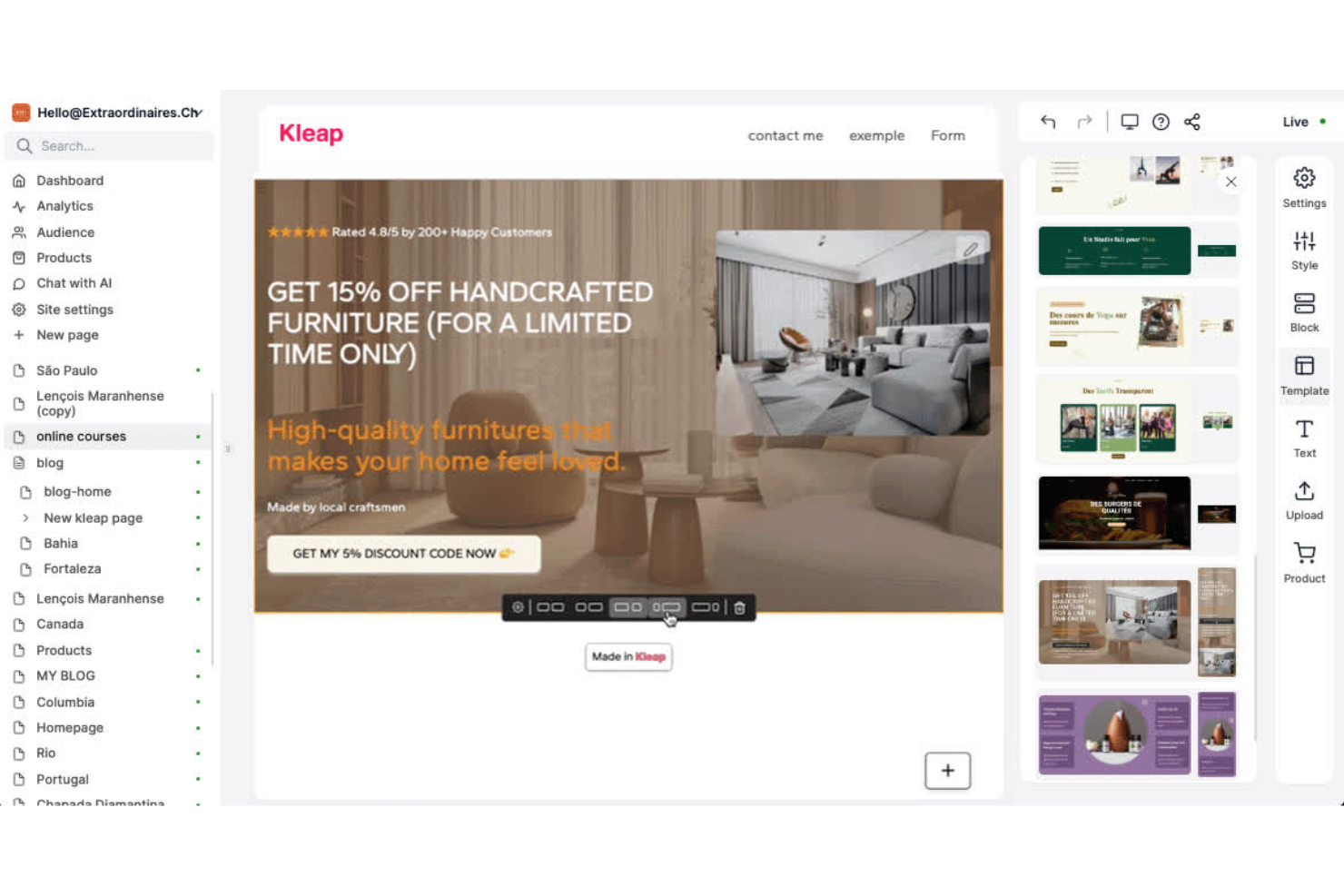 Kleap screenshot - 10 migliori alternative a Carrd per 2026