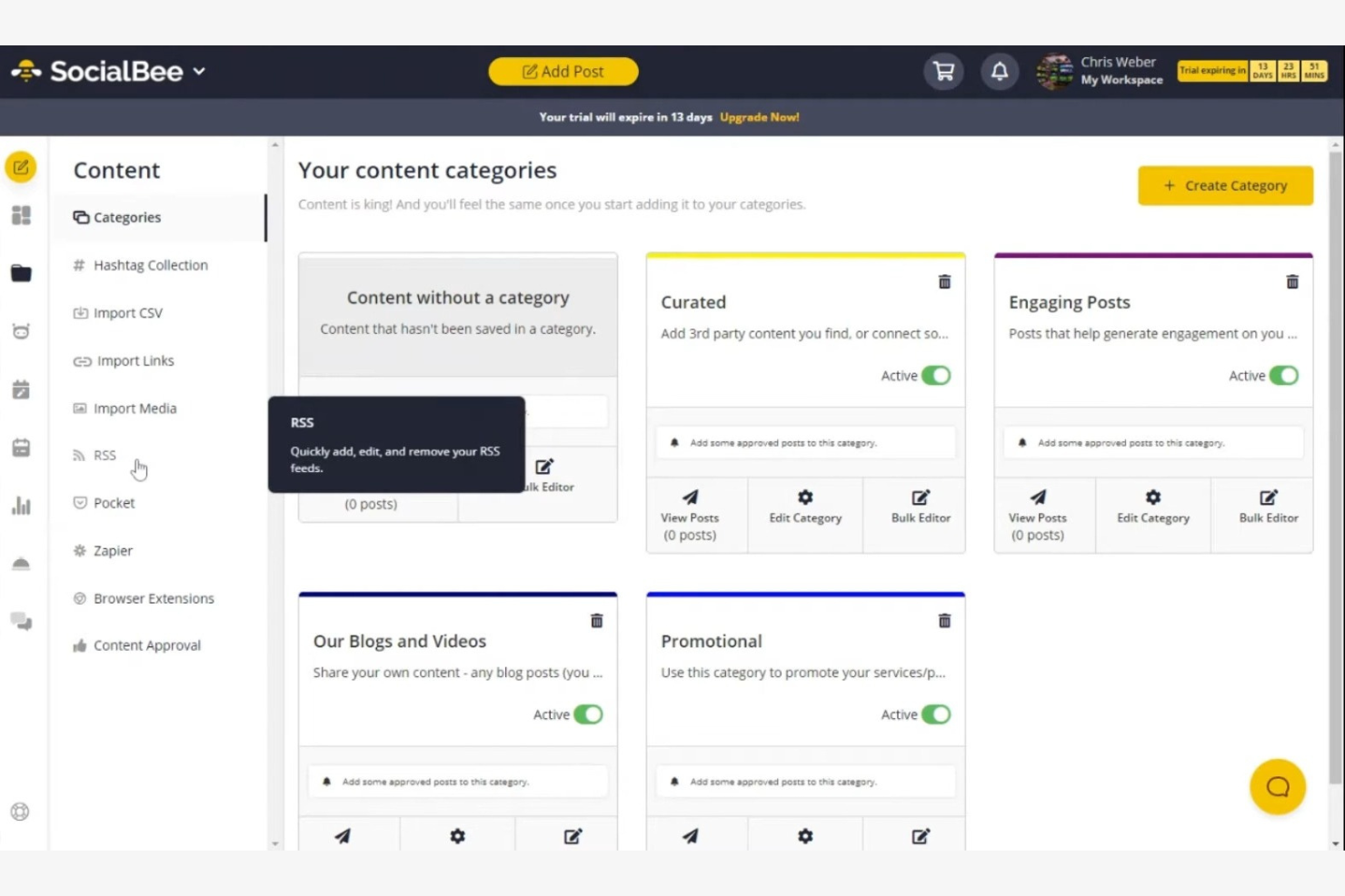 SocialBee screenshot - 1 Mejores Programas Gratuitos de Escritura con IA Analizados en 2026