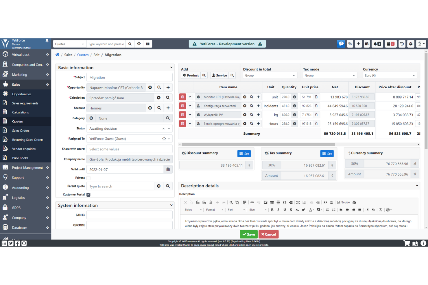 YetiForce screenshot - 10 software gratuitos de gestión de membresías para 2026