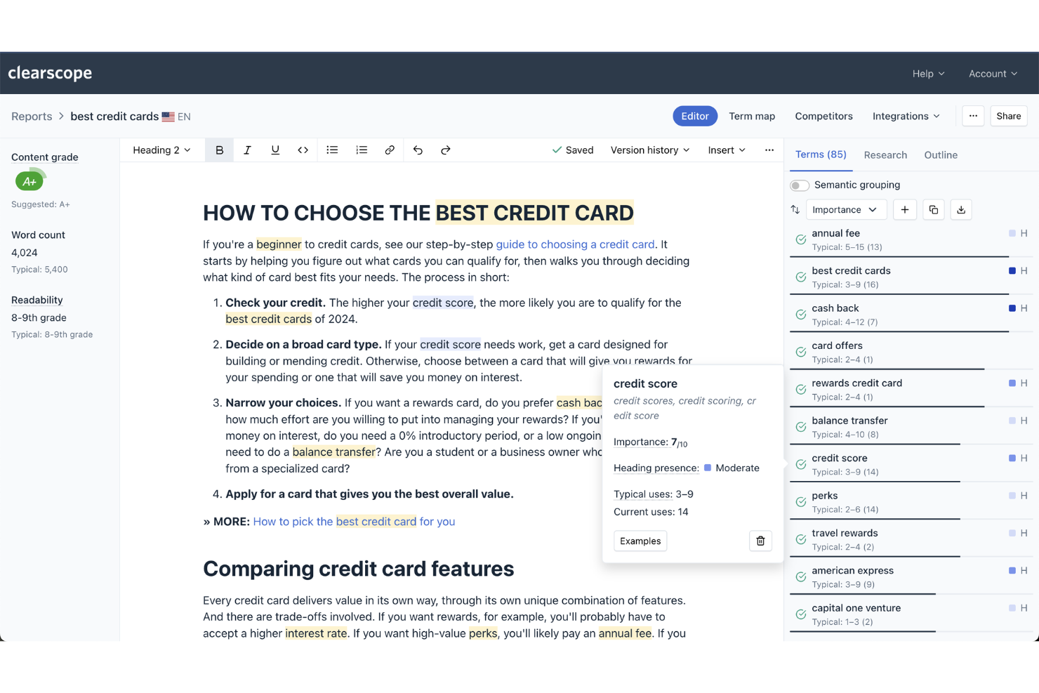 Clearscope screenshot - I 10 migliori strumenti di scrittura SEO scelti per il 2026