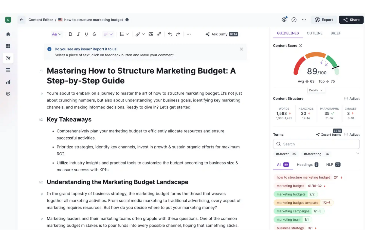 Surfer SEO screenshot - I 10 migliori strumenti di scrittura SEO scelti per il 2026