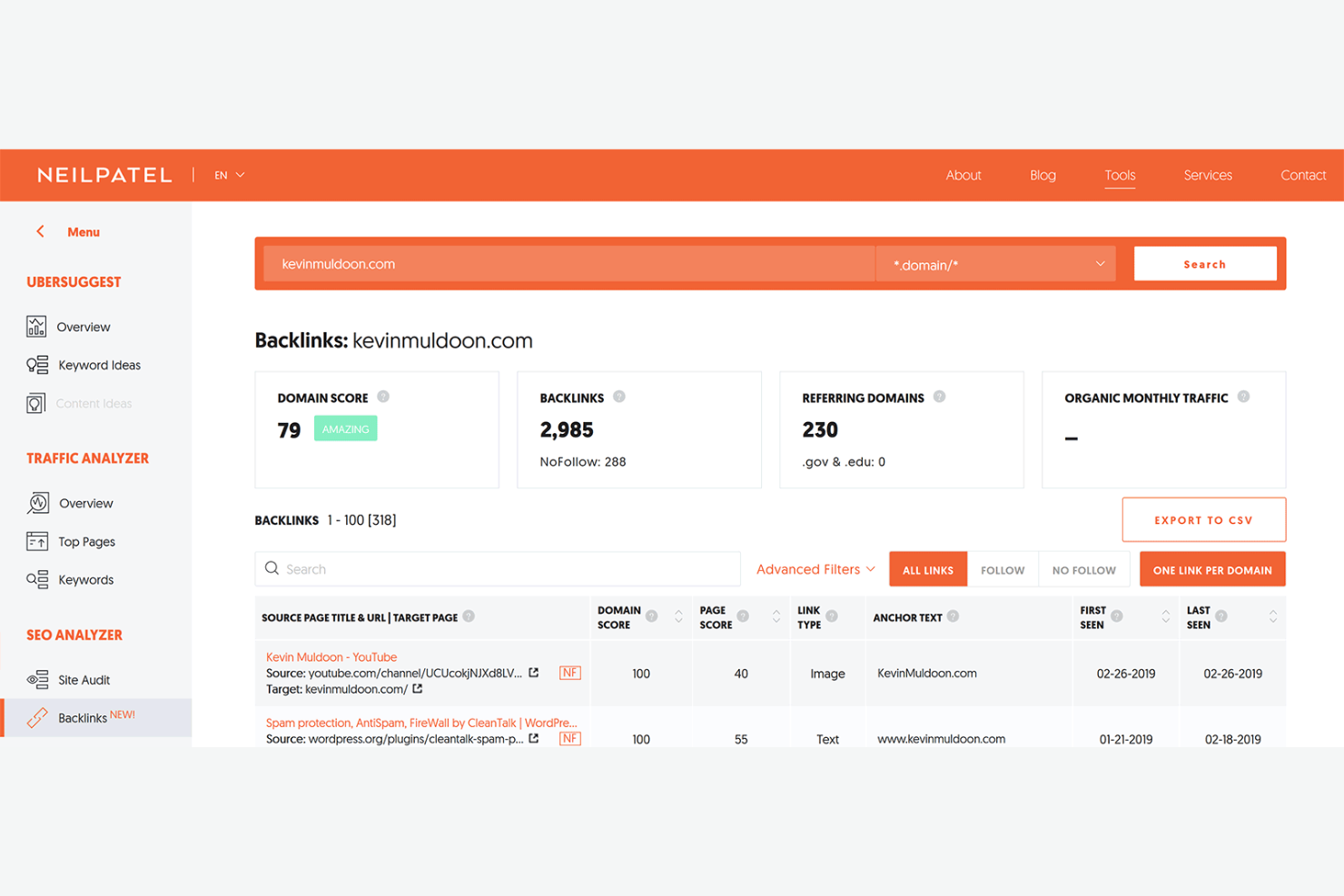 Ubersuggest screenshot - 10 Migliori Strumenti di Analisi dei Backlink per 2026