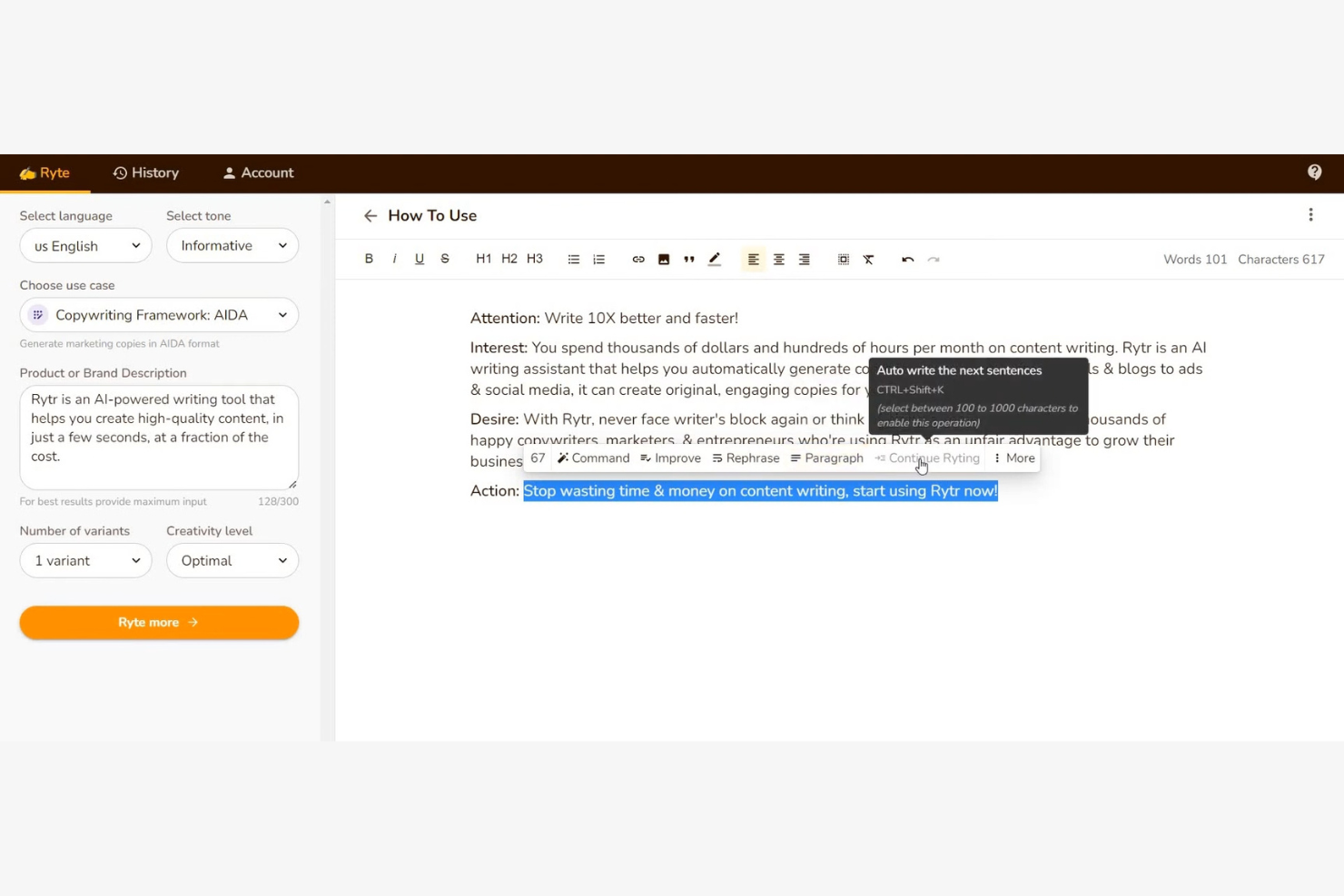 Rytr screenshot - 1 Mejores Programas Gratuitos de Escritura con IA Analizados en 2026