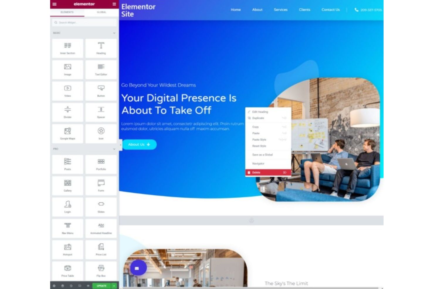 Elementor screenshot - 10 mejores alternativas a Webflow seleccionadas para 2026