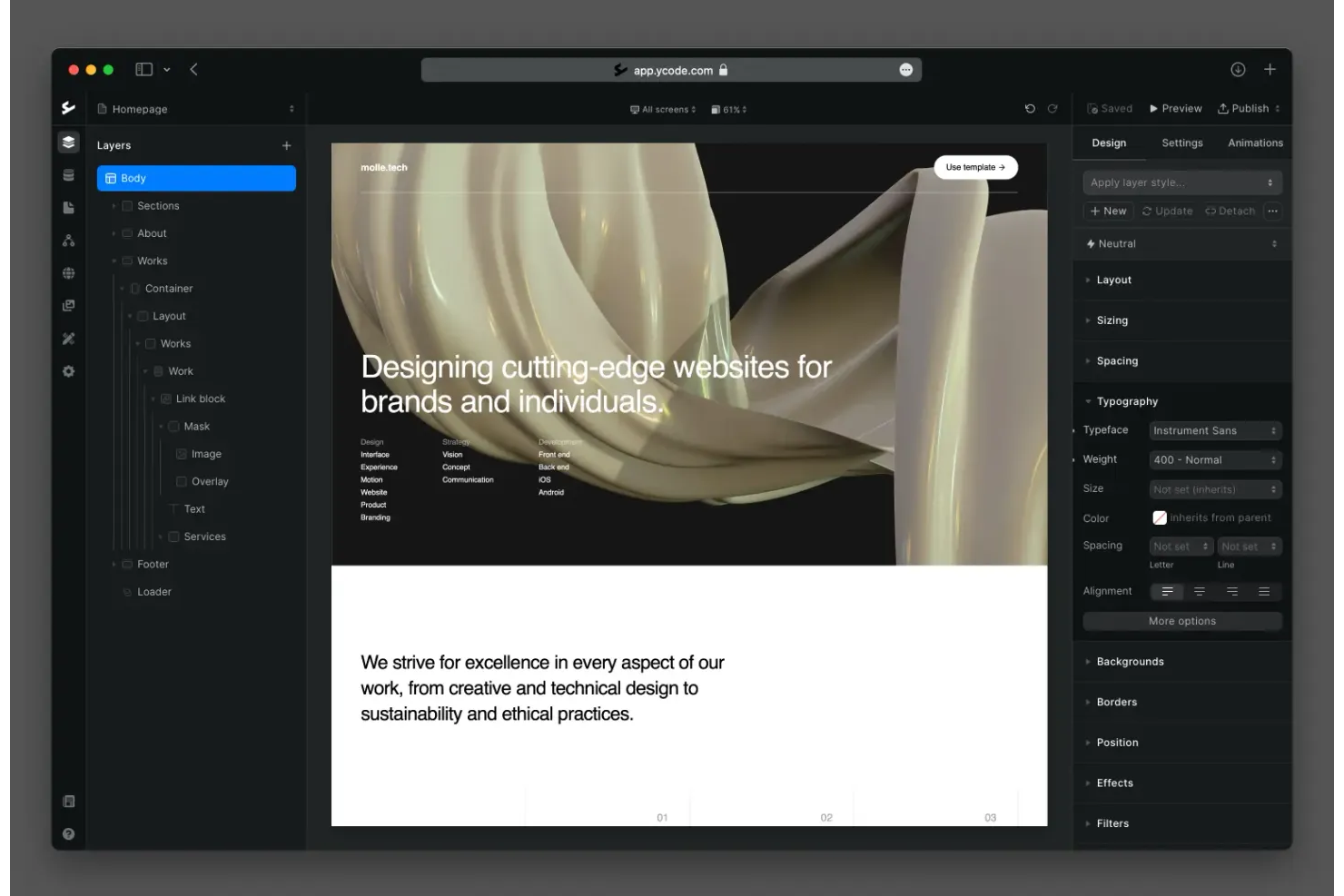 Ycode screenshot - 10 mejores alternativas a Webflow seleccionadas para 2026