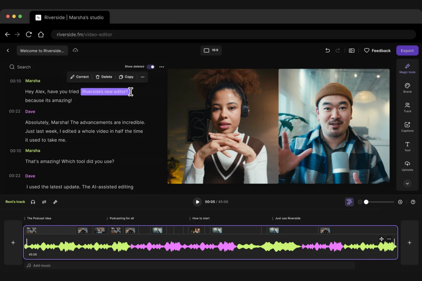 Riverside screenshot - 10 Migliori Soluzioni per Editare Podcast Recensite nel 2026