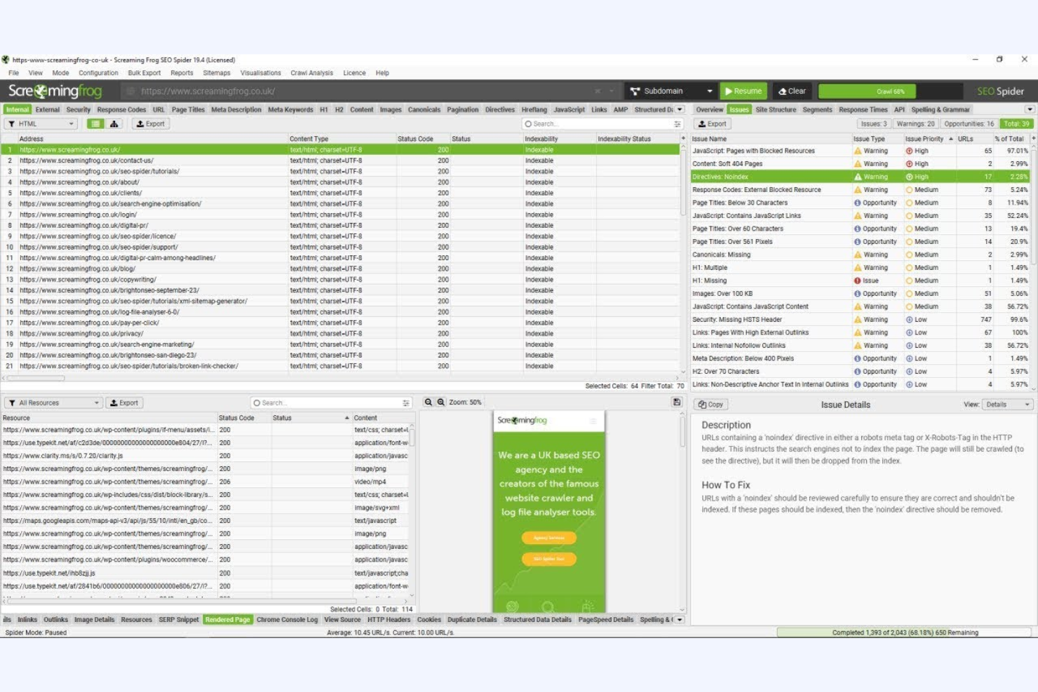 Screaming Frog SEO Spider screenshot - 10 Mejores Plataformas de SEO Analizadas en 2026