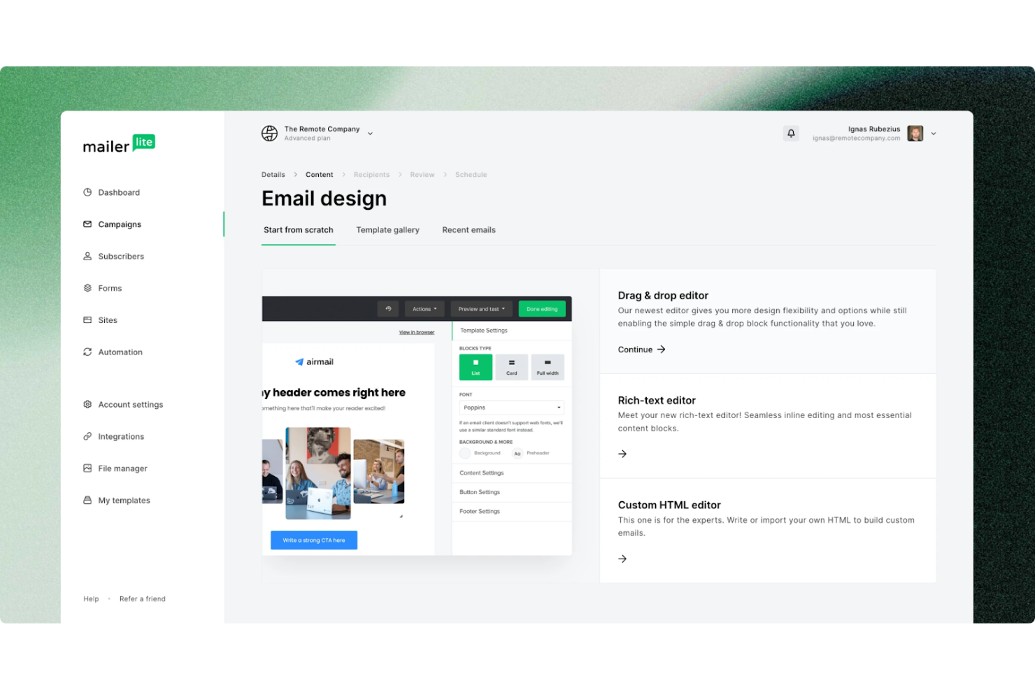MailerLite screenshot - 10 migliori alternative ad AWeber recensite nel 2026