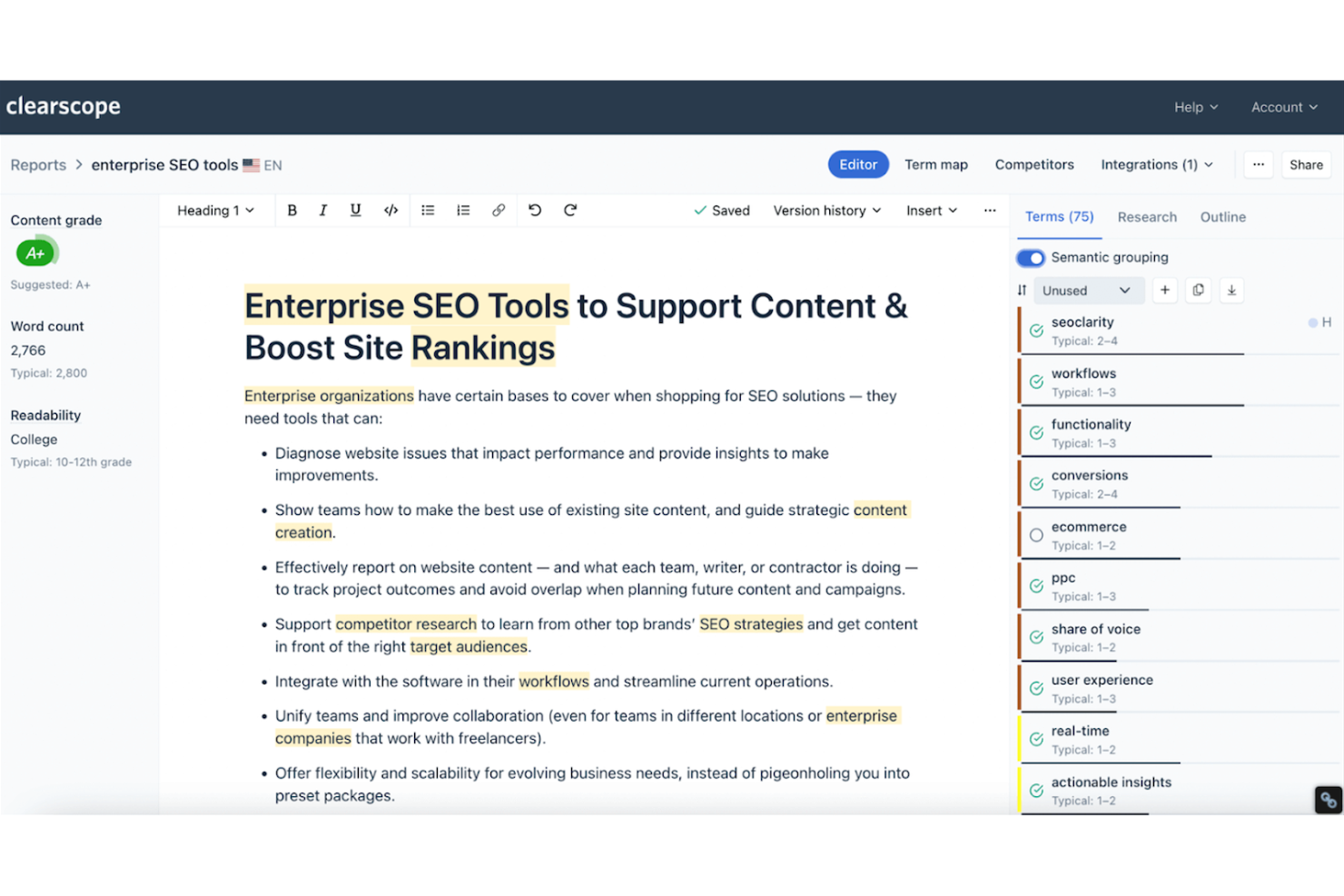 Clearscope screenshot - I 10 migliori strumenti SEO per SaaS recensiti nel 2026