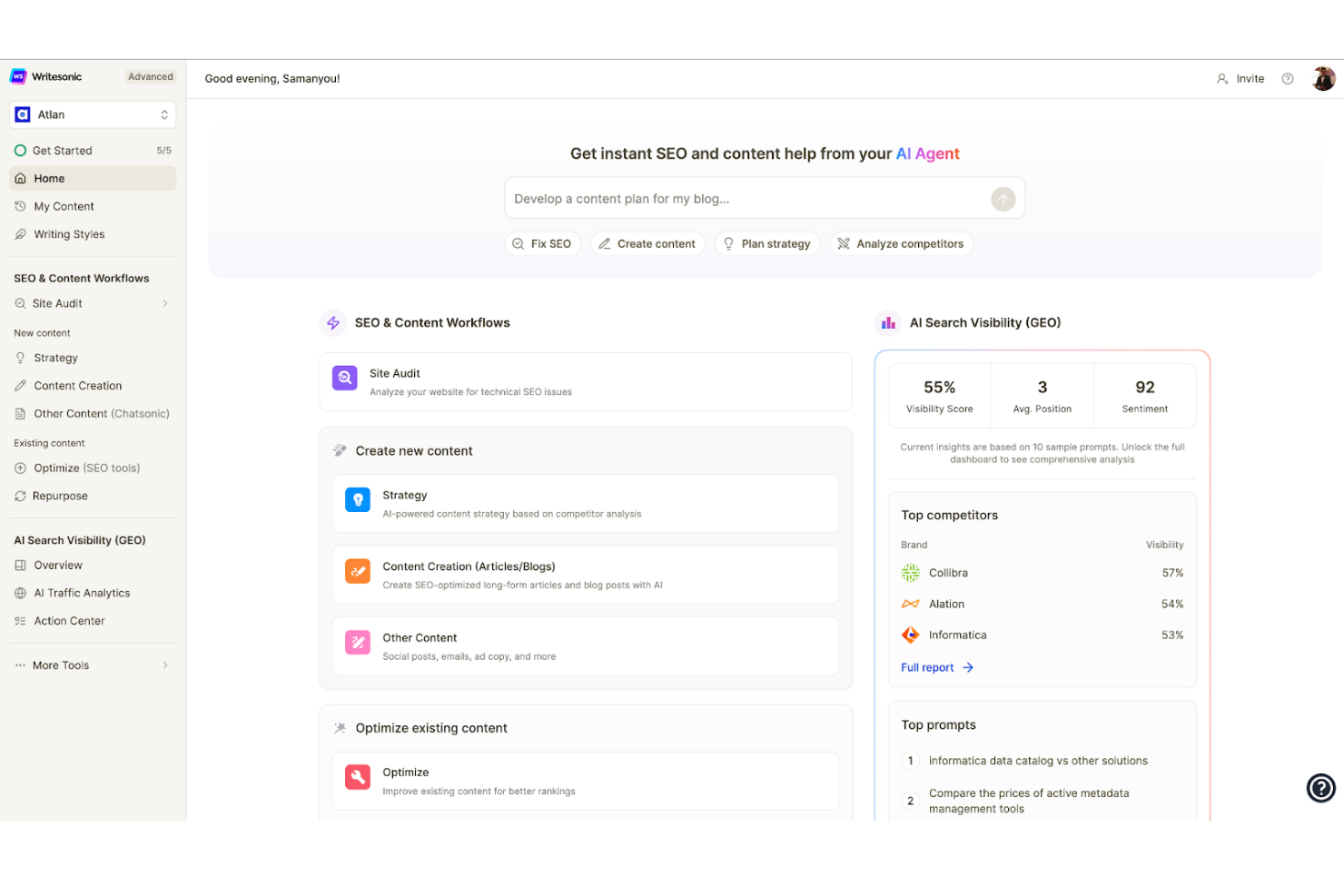 Writesonic screenshot - 10 mejores alternativas a Jasper AI analizadas en 2026