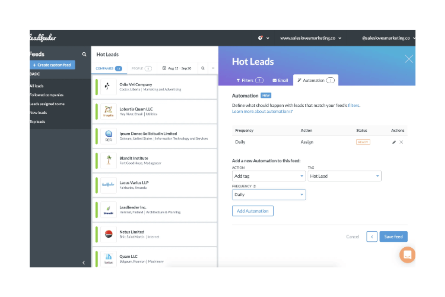 Leadfeeder screenshot - 10 migliori strumenti B2B per la generazione di contatti commerciali recensiti nel 2026