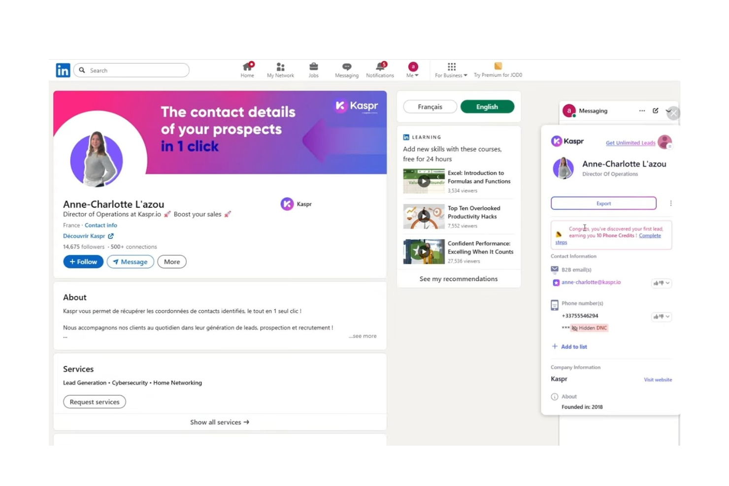 Kaspr screenshot - 10 migliori strumenti B2B per la generazione di contatti commerciali recensiti nel 2026