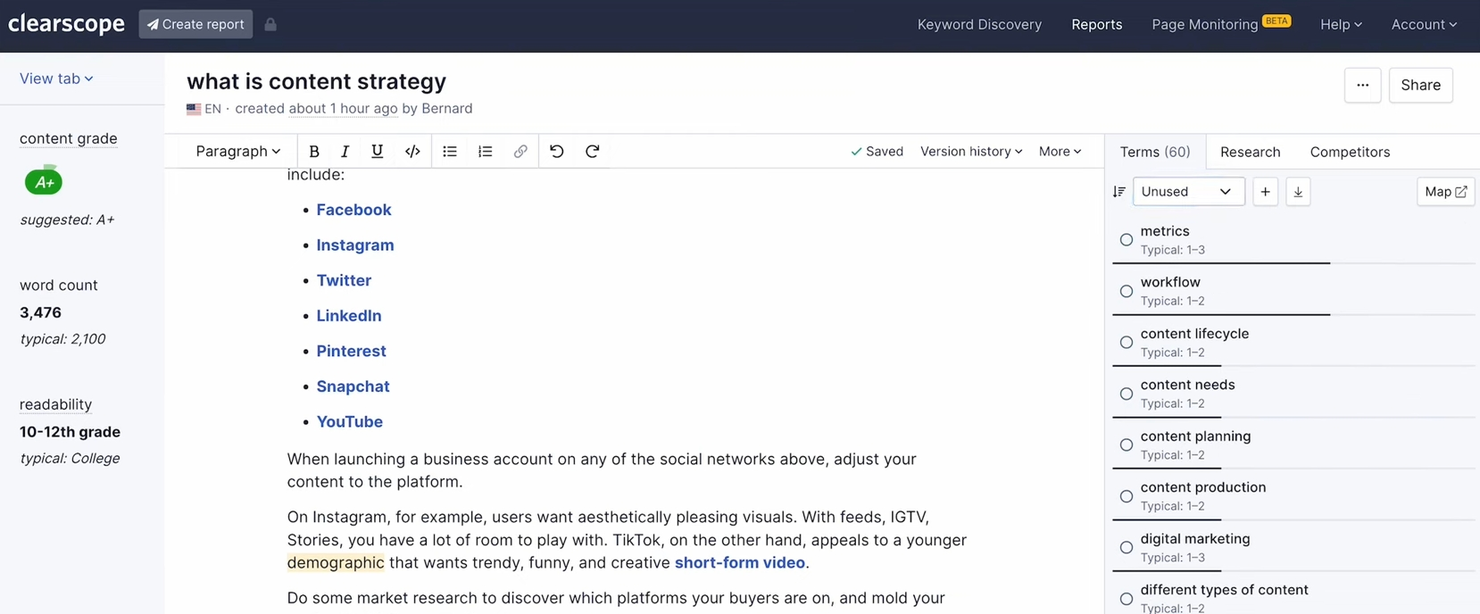 Clearscope screenshot - 10 Mejores Herramientas de SEO con IA Analizadas en 2026