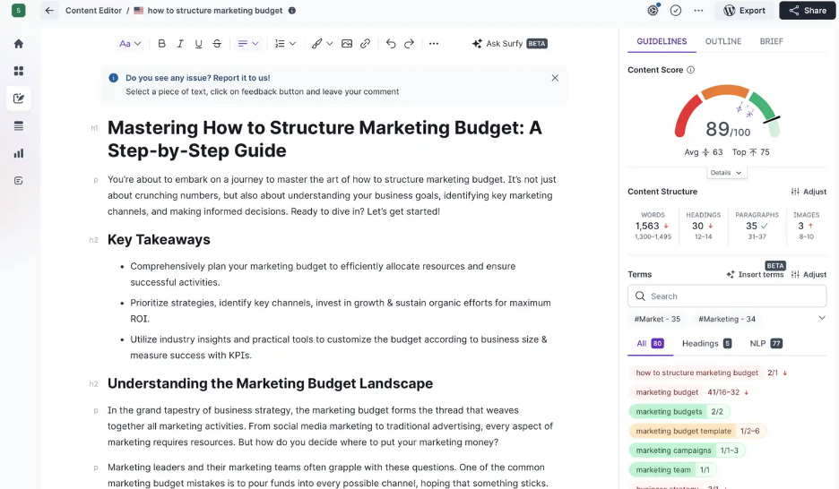 Surfer SEO screenshot - Los 10 mejores programas de redacción con IA analizados en 2026
