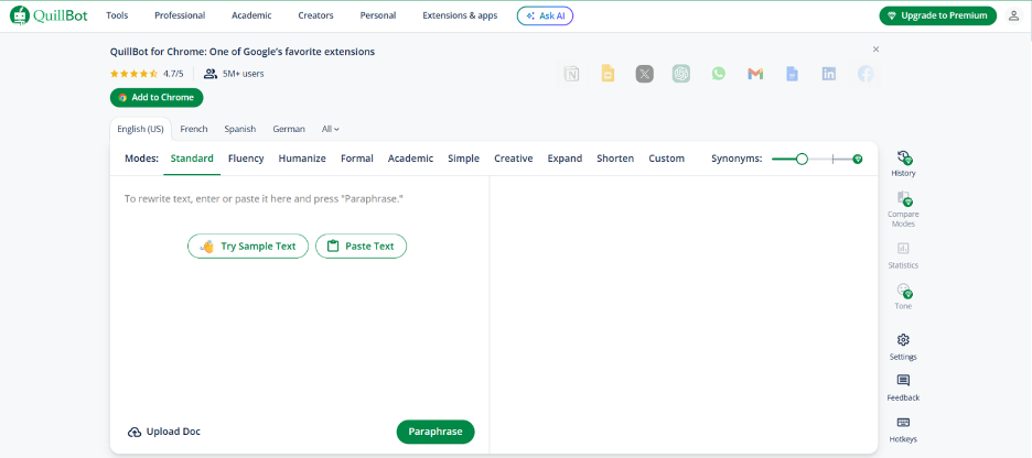 QuillBot screenshot - Los 10 mejores programas de redacción con IA analizados en 2026