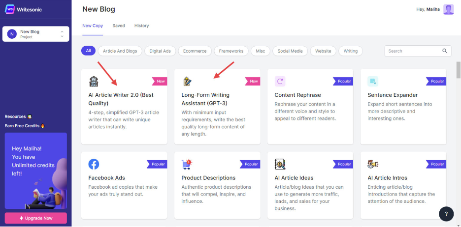 Writesonic screenshot - 10 migliori software di scrittura AI recensiti nel 2026