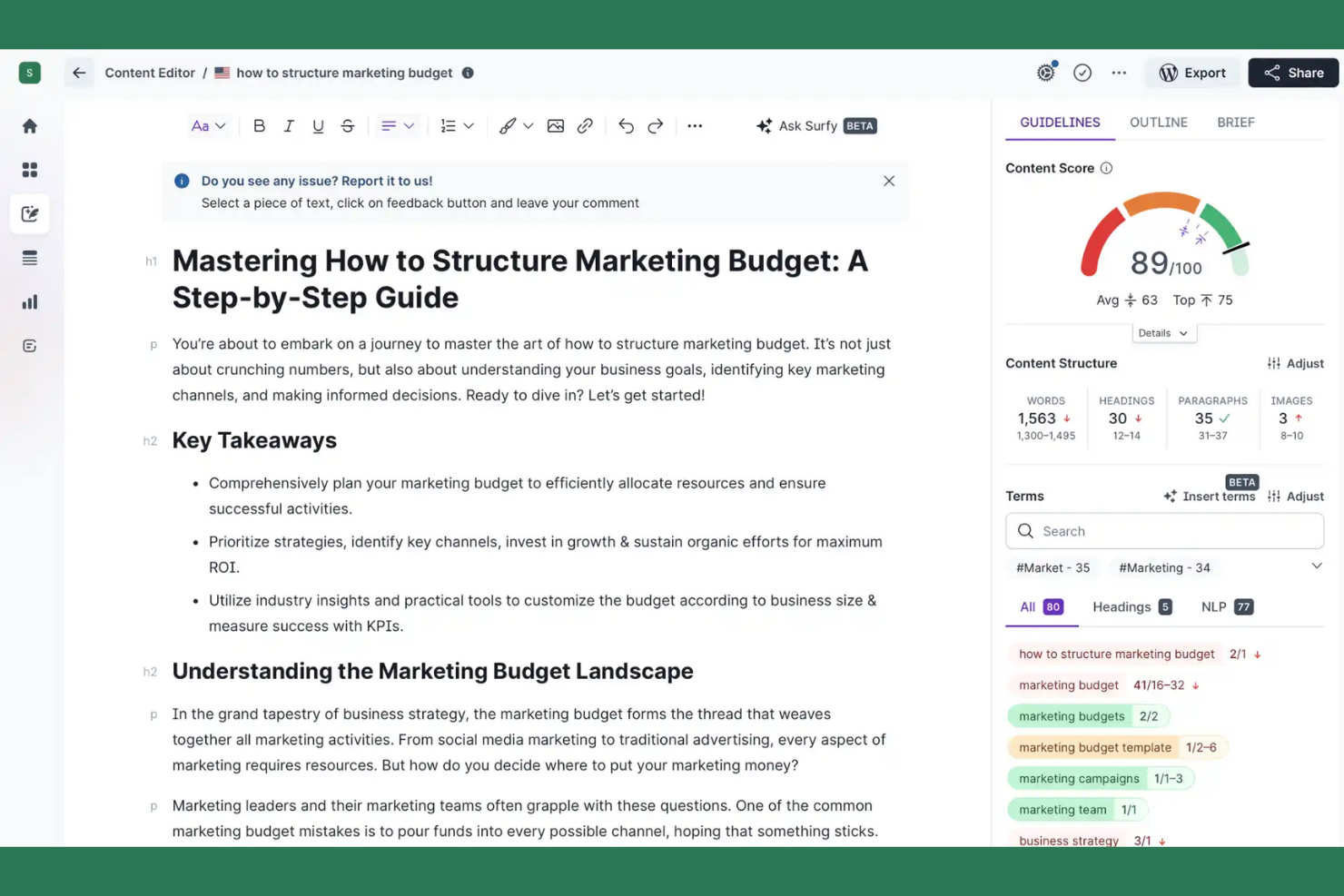 Surfer SEO screenshot - 10 Mejores Alternativas a MarketMuse Reseñadas en 2026