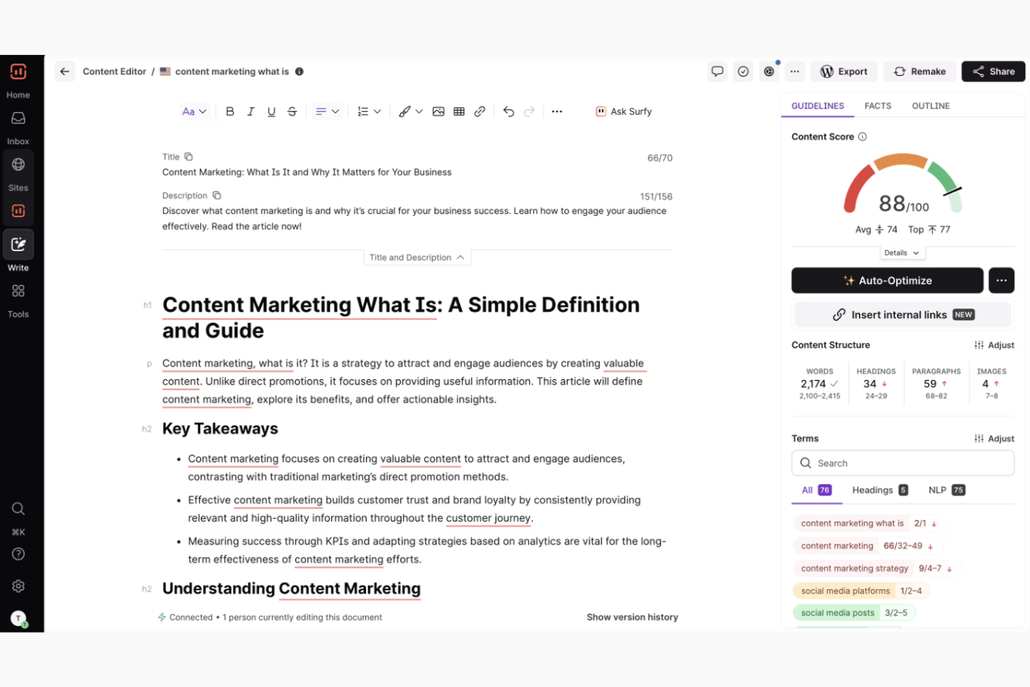 Surfer SEO screenshot - 10 migliori strumenti di scrittura di contenuti con IA che ho testato nel 2026
