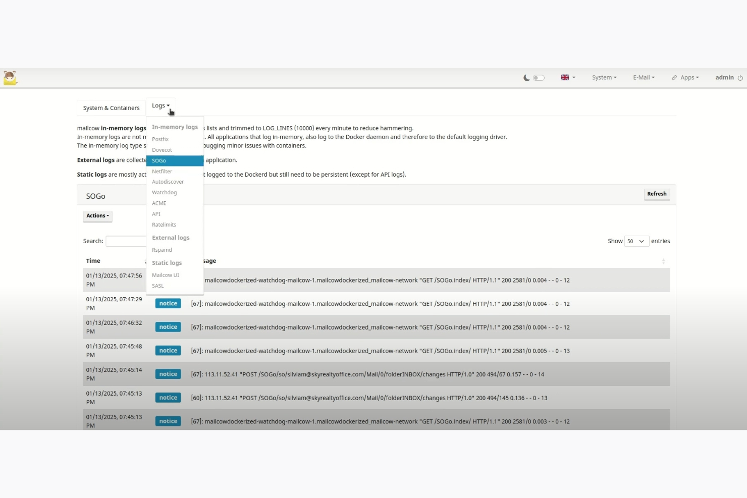 Mailcow screenshot - 10 Migliori Software di Email Marketing Self-Hosted nel 2026