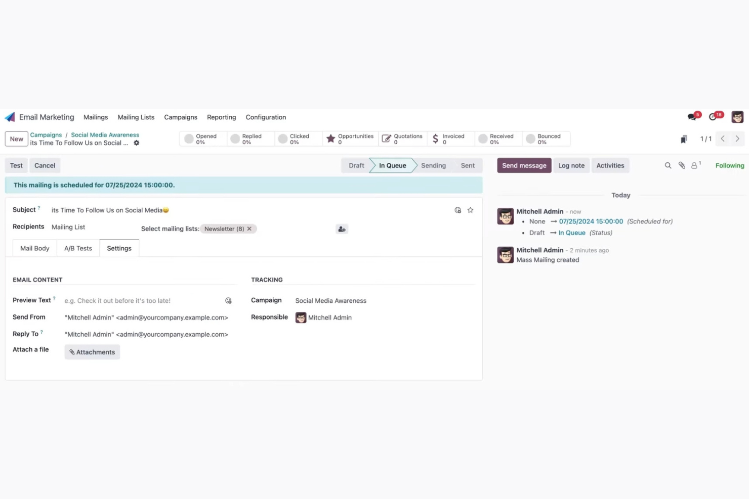 Odoo Email Marketing screenshot - Los 10 mejores programas de marketing por correo electrónico de código abierto para 2026