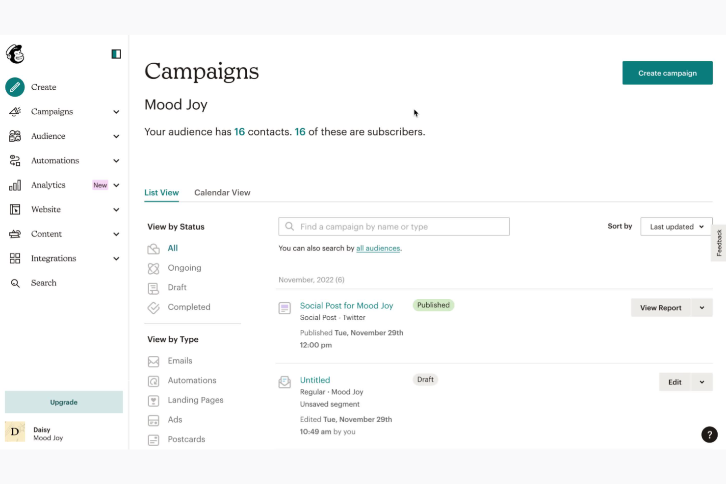 Mailchimp screenshot - 10 mejores programas de marketing por correo electrónico B2B analizados en 2026