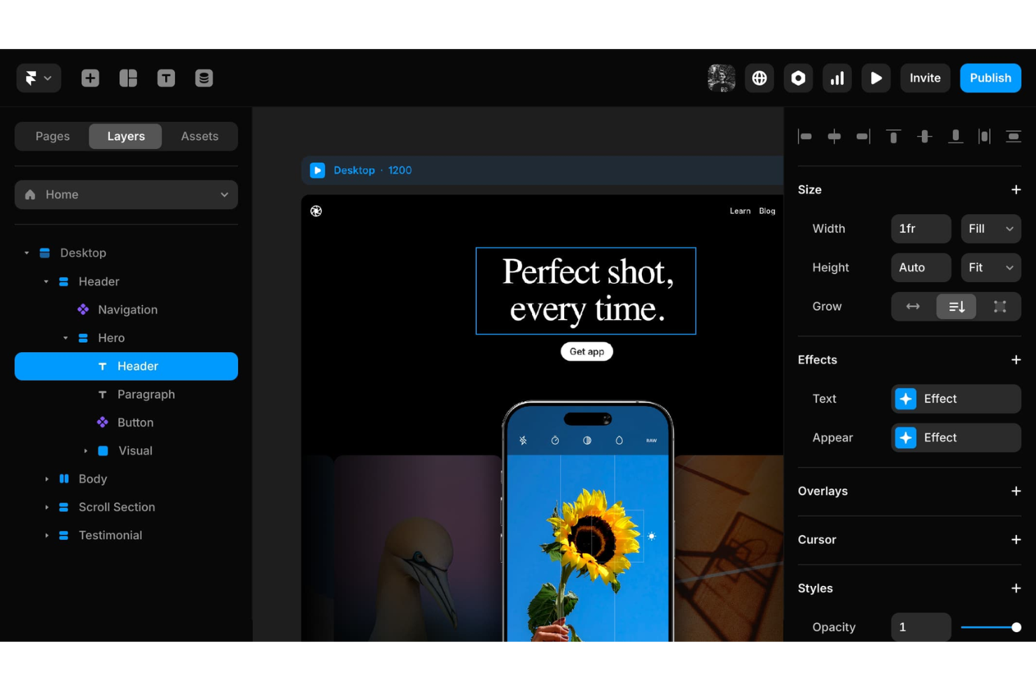 Framer screenshot - 10 mejores creadores de sitios web con arrastrar y soltar revisados en 2026