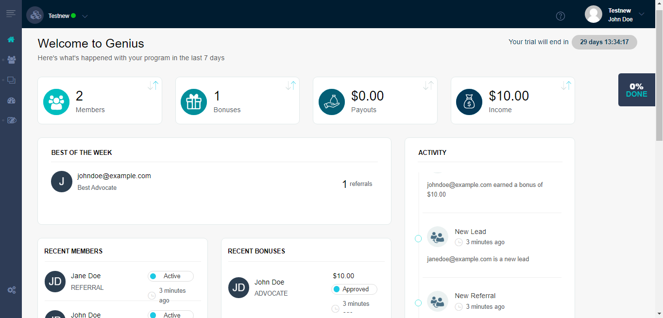 Genius Referrals screenshot - I 10 migliori software di marketing virale recensiti nel 2026