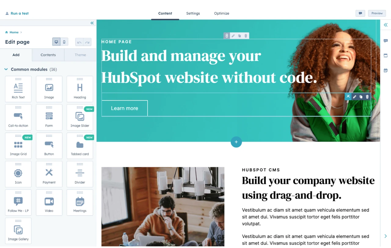HubSpot CMS screenshot - 10 mejores creadores de sitios web con arrastrar y soltar revisados en 2026