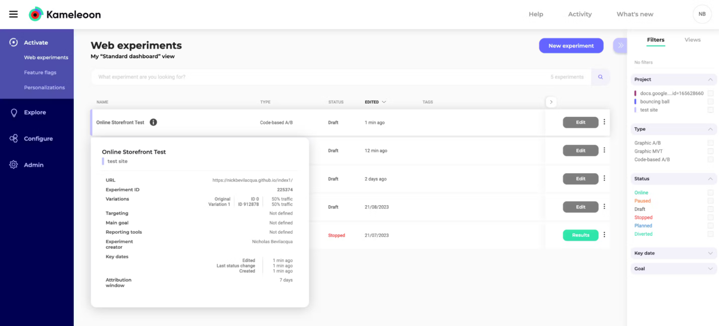 Kameleoon screenshot - 10 migliori alternative a Optimizely recensite nel 2026
