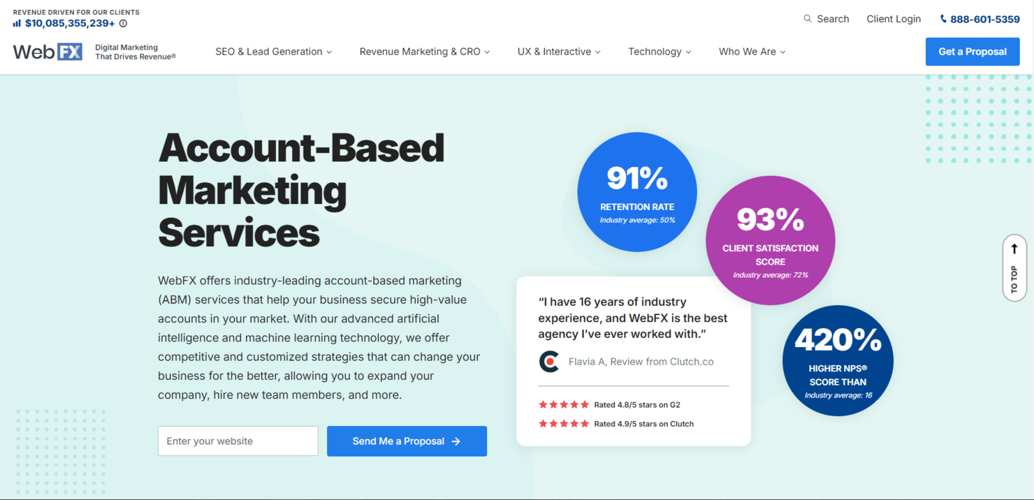 WebFX screenshot - 10 mejores agencias de marketing basado en cuentas analizadas en 2026