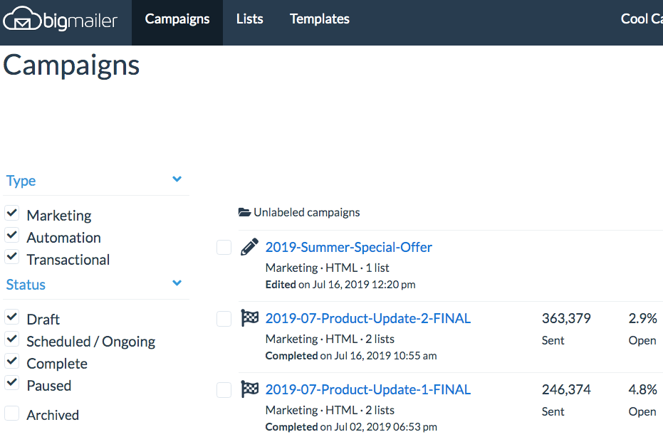 BigMailer.io screenshot - 10 Mejores Alternativas a MailerLite Evaluadas en 2026