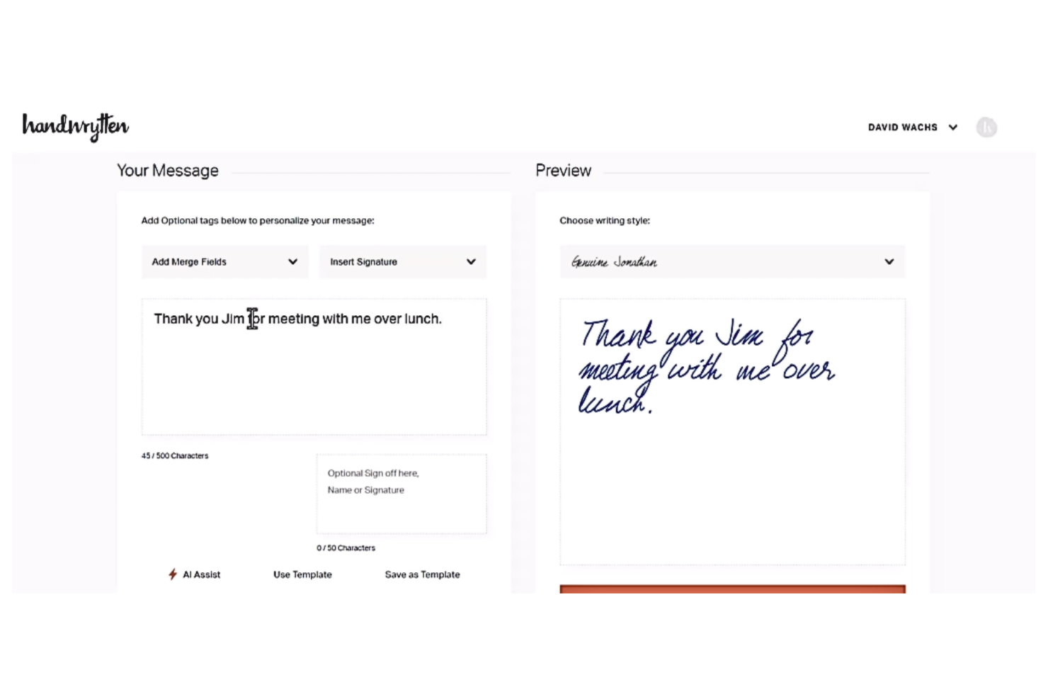 Handwrytten screenshot - 10 Migliori Soluzioni di Software per il Direct Mail Marketing Recensite per 2026