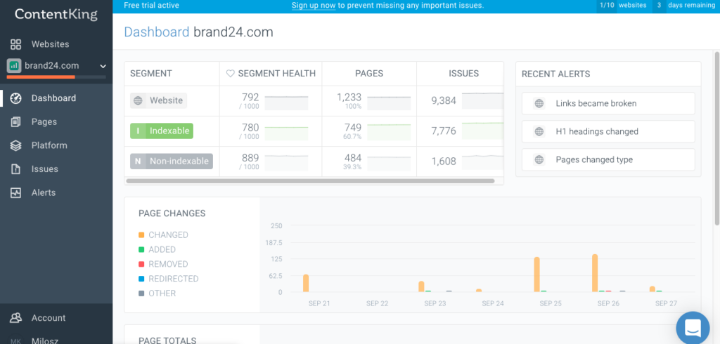ContentKing screenshot - 10 Migliori Strumenti SEO Per Posizionarsi sui Risultati di Ricerca Google nel 2026