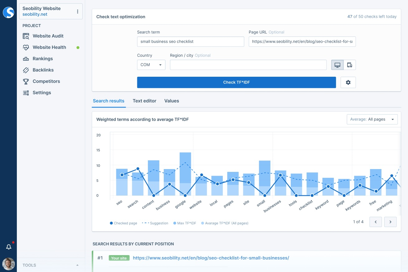 Seobility screenshot - 10 Mejores Herramientas SEO para Posicionar en el SERP de Google en 2026