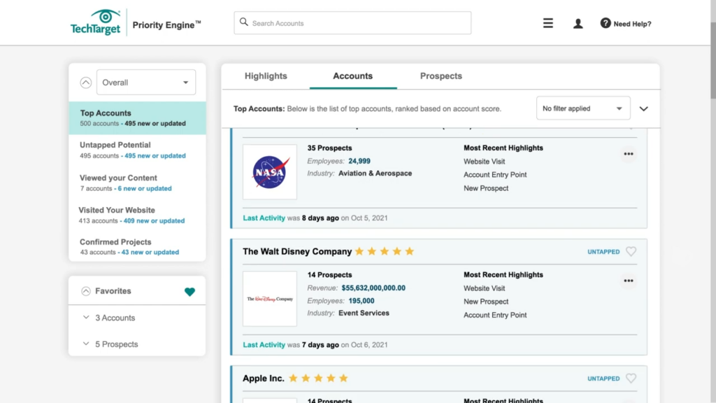 TechTarget Priority Engine screenshot - 10 migliori software di intelligenza degli account per il marketing B2B (2026)