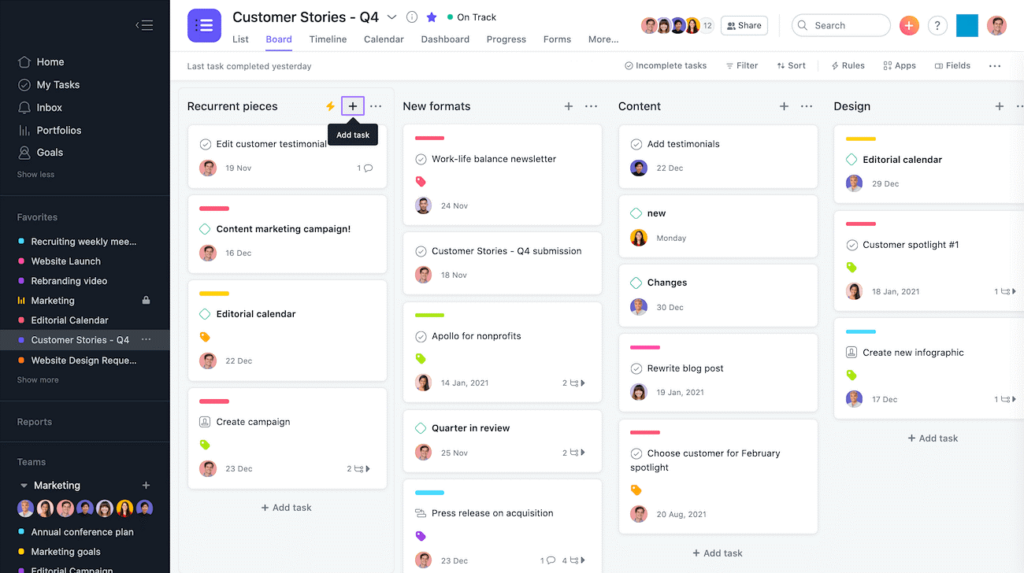Asana screenshot - 10 Mejores Programas de Calendario de Marketing Analizados para 2026