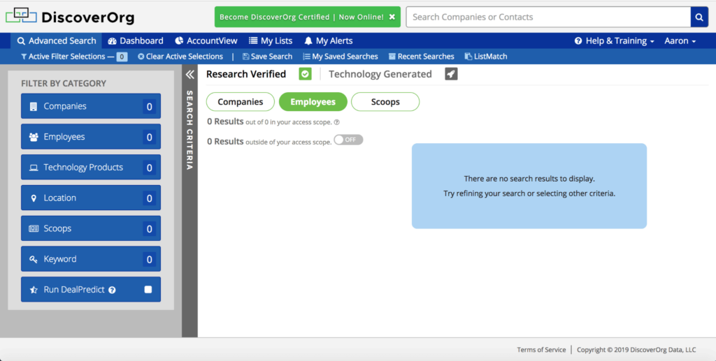 DiscoverOrg screenshot - 10 migliori software di intelligenza degli account per il marketing B2B (2026)