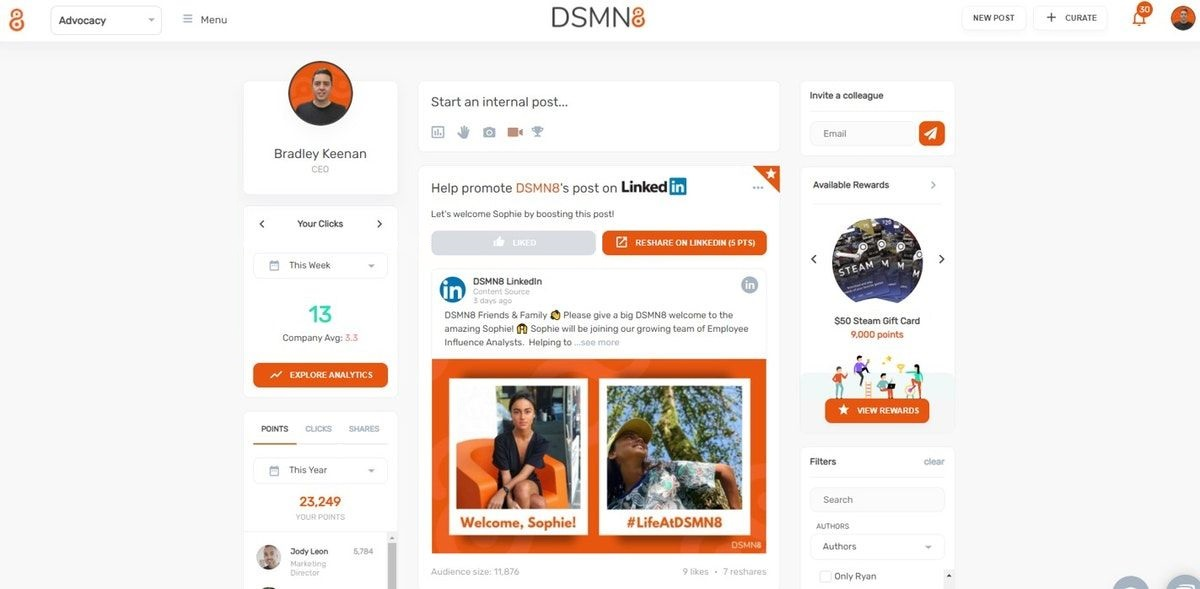 DSMN8 screenshot - 10 migliori piattaforme di advocacy dei dipendenti nel 2026