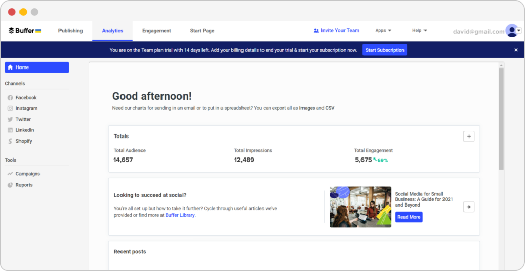 Buffer screenshot - 10 Mejores Plataformas de Marketing para Instagram en 2026