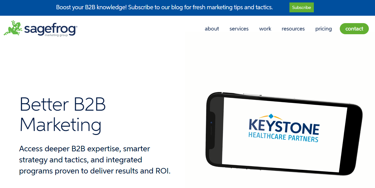 Sagefrog Marketing Group screenshot - 2 Mejores Agencias de Marketing B2B Analizadas en 2026