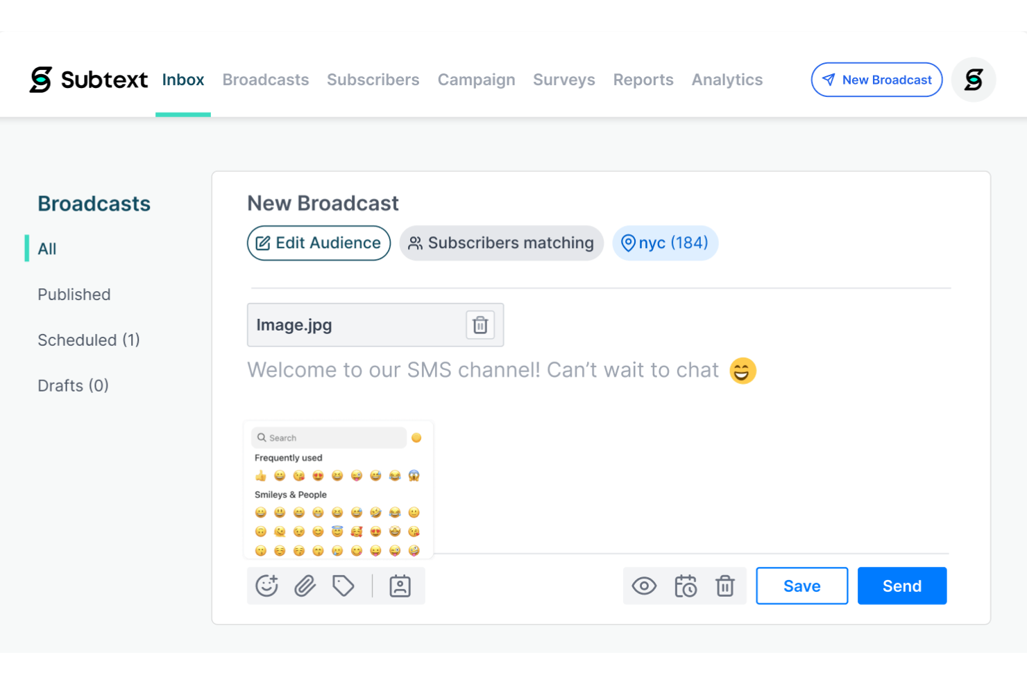 Subtext screenshot - 2 Migliori Piattaforme di SMS Marketing Recensite per 2026