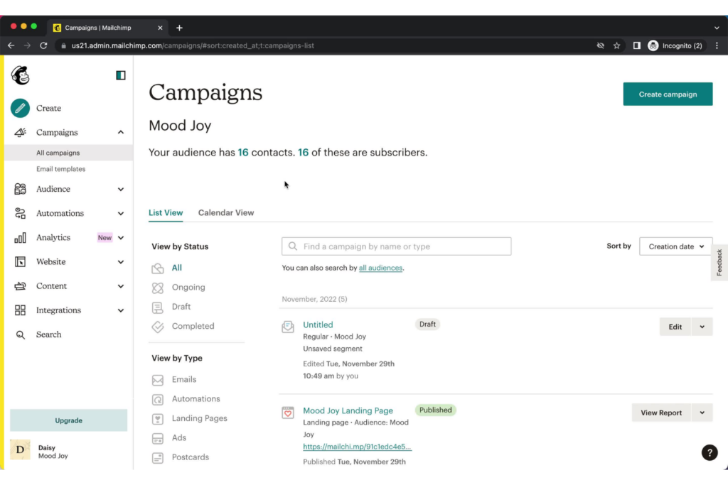 Mailchimp screenshot - 10 Migliori Software di Marketing Gratuiti per PMI nel 2026