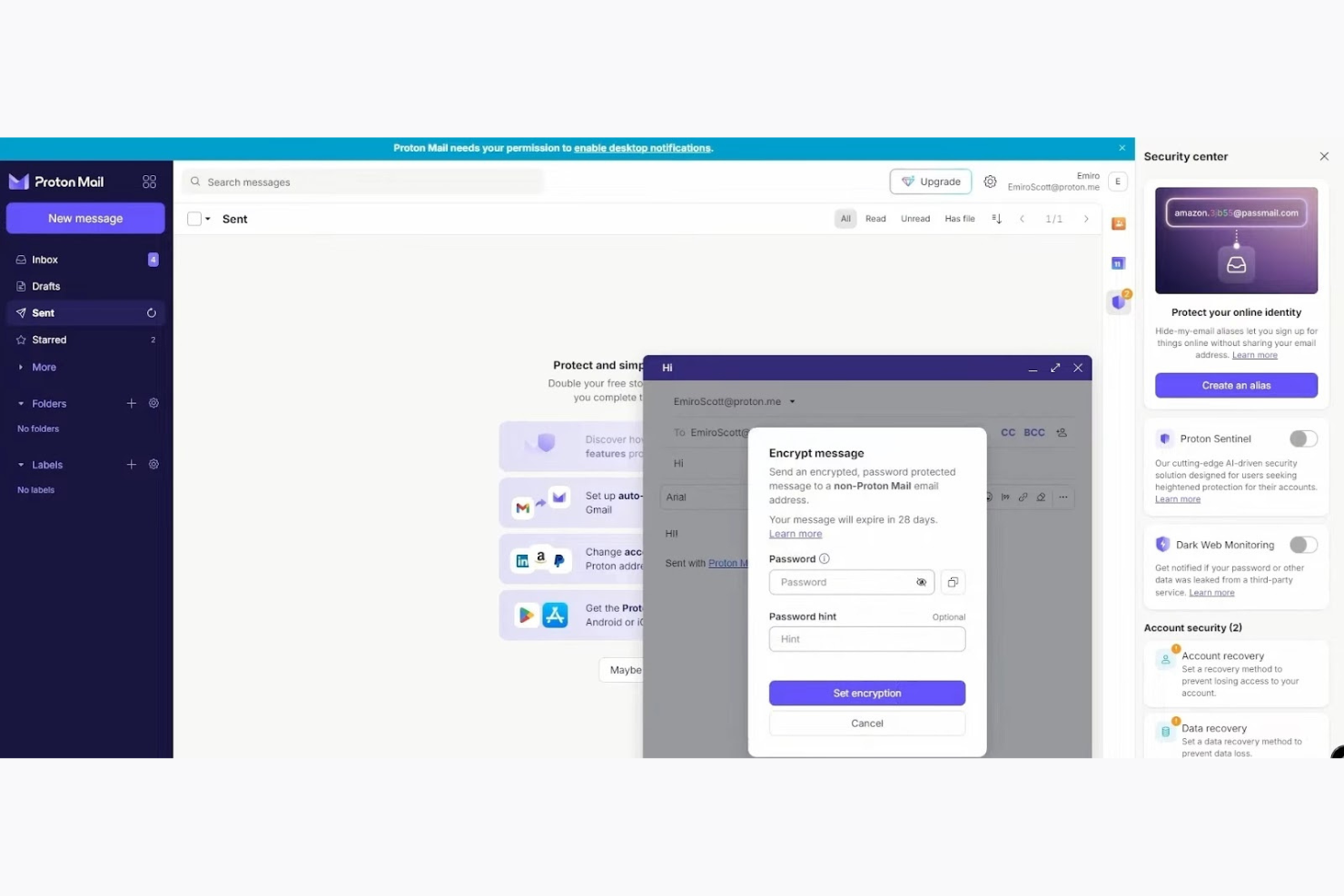 ProtonMail screenshot - Los 10 mejores proveedores de servicios de correo electrónico empresarial para 2026