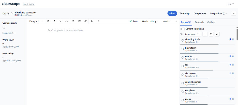 Clearscope screenshot - 10 migliori software di scrittura AI recensiti nel 2026